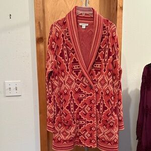 Coldwater Creek Red and Cream Patterned Cardigan